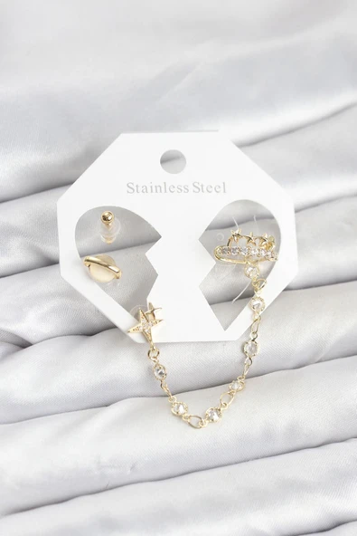 Pirinç Gold Renk Uzay Model Zincir Bağlantılı Ear Cuff Küpe Seti ürün görseli 1