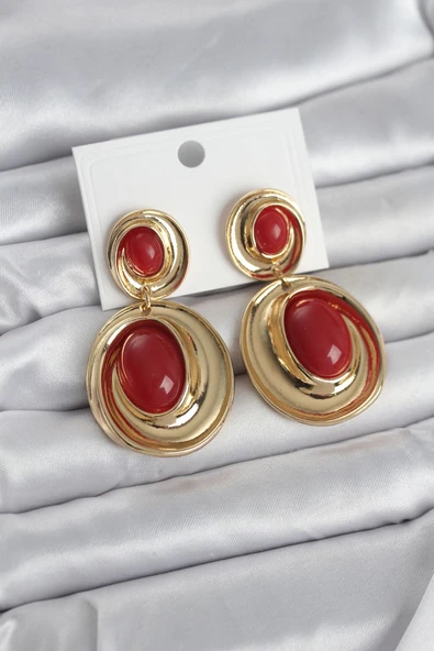 Kırmızı Sallantılı Damla Model Gold Renk Vintage Kadın Küpe ürün görseli 1