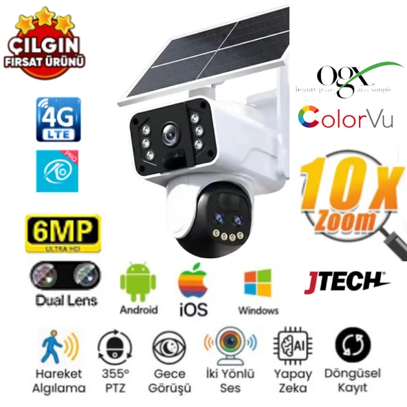 O-KAM 3950 3mp+3mp 6MP 10X Optik Zoomlu 4G Sim Kartlı Solar Panelli 2Lens 1PTZ Akıllı Kamera ürün görseli 1