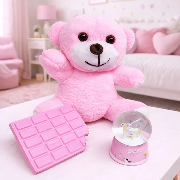 Pembe Peluş Ayıcık, Kar Küresi Ve Pembe Çikolata Not Defteri Hediye Seti ürün görseli 1