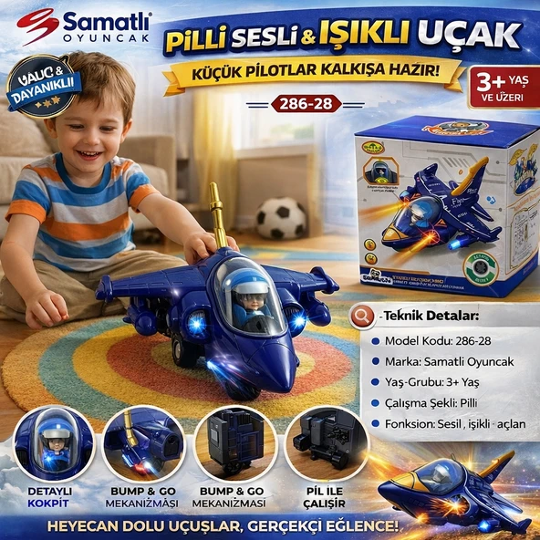 Pilli Sesli ve Işıklı Uçak 286-28Hareketli LED Işıklı Oyuncak Uçak ürün görseli 1