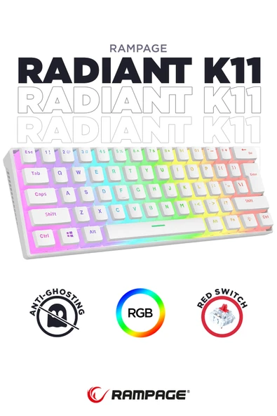 Rampage Radiant K11 Beyaz Type-c Bağlantı RGB Puding Tuş Mekanik Red Switch US Gaming Oyuncu Klavye ürün görseli 1