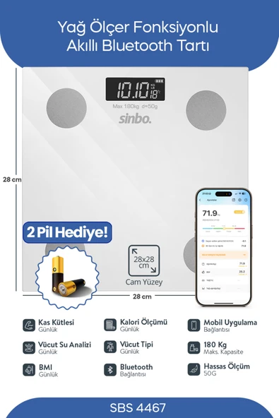 Sinbo Sbs-4467 Bluetooth Dijital Yağ Su Kas Vücut Kitle Endeksi Kilo Ölçer Tartı Baskül - 28 Cm ürün görseli 1
