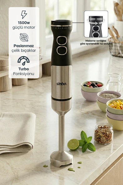 Sinbo SHB-7511 El Blenderi | 1500W TURBO Paslanmaz Çelik Gövde, 2 Hız Ayarlı & Sonsuz Hız Ayarı ürün görseli 1