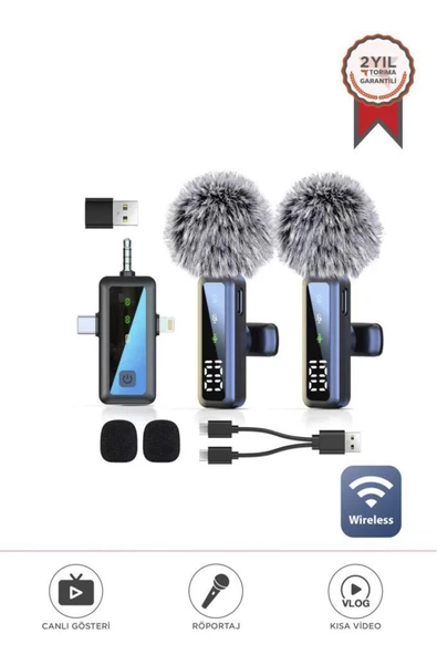 Torima Yaka Mikrofonu Type-C Lightning Aux 2 Adet 3IN1 Kablosuz Mikrofon H68 Siyah ürün görseli 1