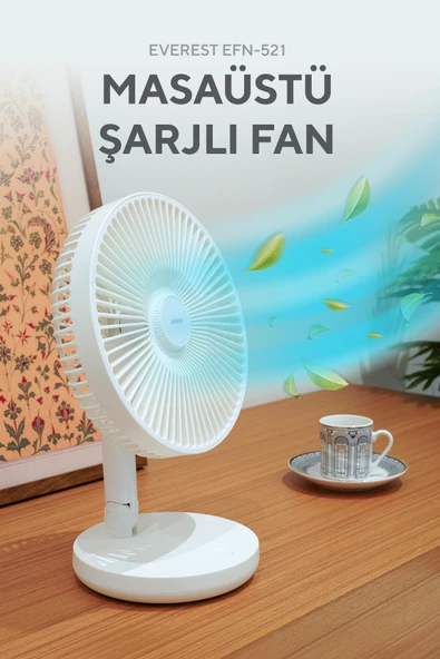 Everest Masaüstü Şarj Edilebilir 3 Kademeli 1200mah Bataryalı Beyaz Usb Fan Vantilatör ürün görseli 1