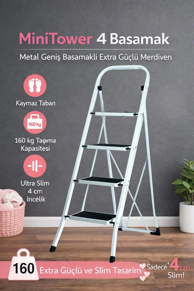 MiniTower 4 Basamaklı Metal Merdiven - Ekstra Güçlü 160 kg Kapasiteli Beyaz ürün görseli 1