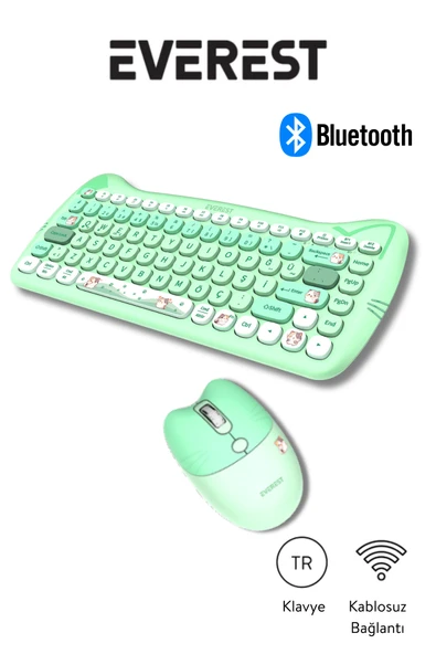 Everest Km-6285 Catty Mini Wireless-Bluetooth Kablosuz Ultra Sessiz Özel Tasarımlı Q Klavye Mouse Set Yeşil ürün görseli 1