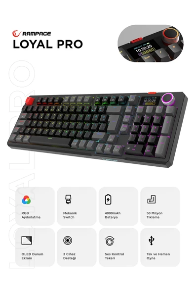Rampage LOYAL Pro Siyah/Gri 3 BT + 2.4 IPS Ekranlı Red Switch RGB Mekanik Kablosuz Klavye ürün görseli 1