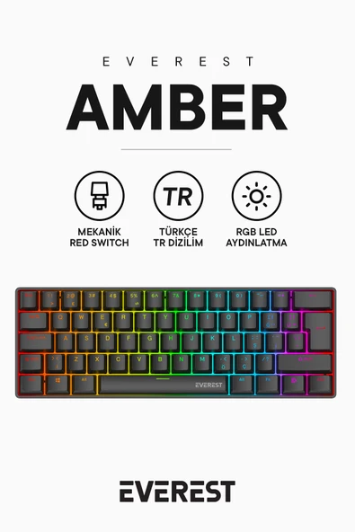 Everest Amber Type-C Bağlantılı RGB Ledli Mekanik Gaming Oyuncu Klavye Q Red Switch ürün görseli 1
