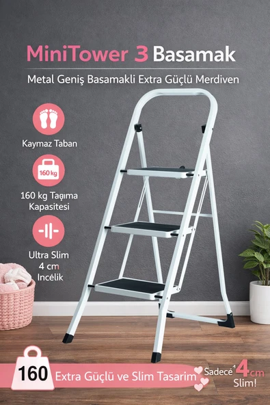 MiniTower 3 Basamaklı Metal Merdiven - Ekstra Güçlü 160 kg Kapasiteli Beyaz ürün görseli 1