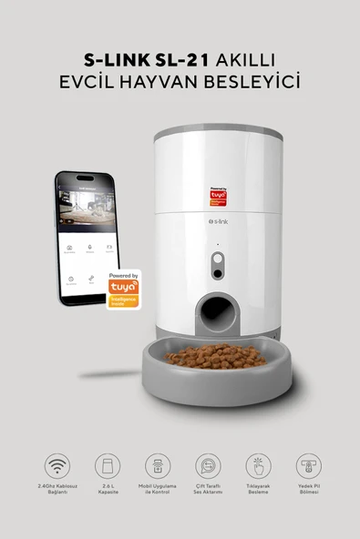 S-LINK Sl-21 Otomatik Yem Kabı 2.6l Kapasite 720p Kamera Kedi Köpek Besleyici ürün görseli 1
