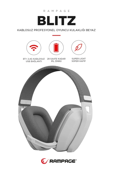 Rampage BLITZ Beyaz/Gri Wireless 2.4G+ Bluetooth Mikrofonlu Kablosuz Oyuncu Kulaklığı ürün görseli 1