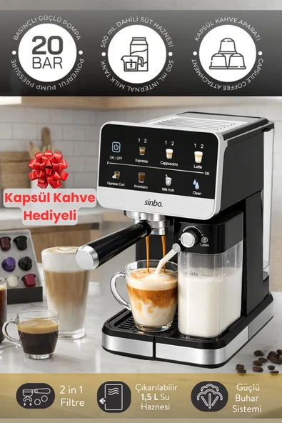 Sinbo Cappuccino Latte Espresso 20 Bar 1.5L Profesyonel Otomatik Espresso Makinesi SCM-2996Pro ürün görseli 1