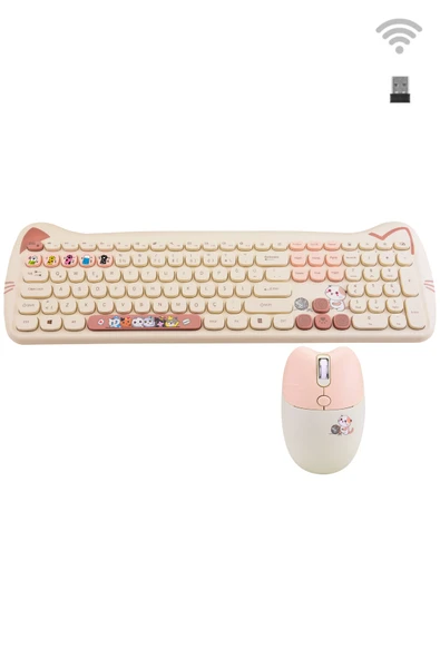 Geezer Kitty Plus Kablosuz Sessiz Klavye Mouse Seti Bej SMK-672 ürün görseli 1