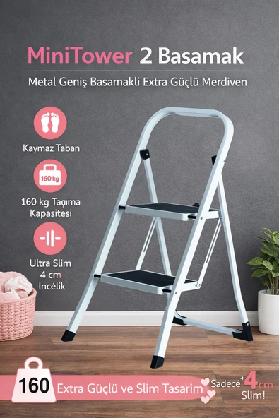 MiniTower 2 Basamaklı Metal Merdiven - Ekstra Güçlü 160 kg Kapasiteli Beyaz ürün görseli 1