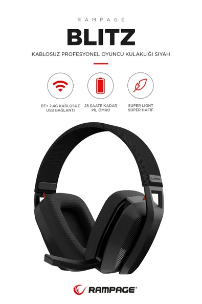 Rampage BLITZ Siyah Wireless 2.4G+ Bluetooth Mikrofonlu Kablosuz Oyuncu Kulaklığı ürün görseli 1
