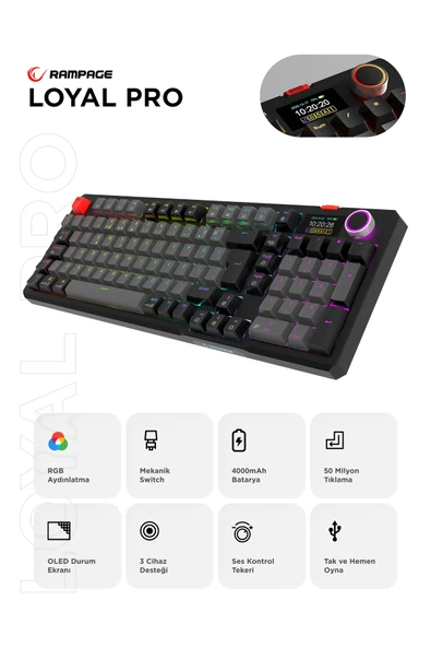 Rampage LOYAL Pro Gri/Siyah 3 BT + 2.4 IPS Ekranlı Red Switch RGB Mekanik Kablosuz Klavye ürün görseli 1