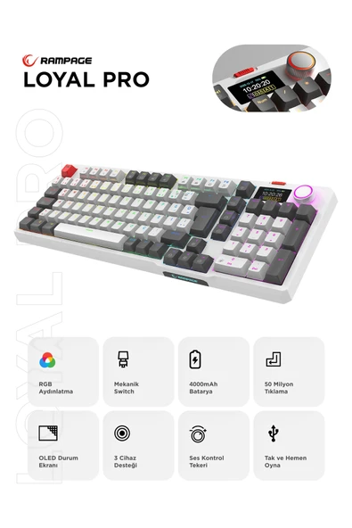 Rampage LOYAL Pro Beyaz/Gri 3 BT + 2.4 IPS Ekranlı Red Switch RGB Mekanik Kablosuz Klavye ürün görseli 1