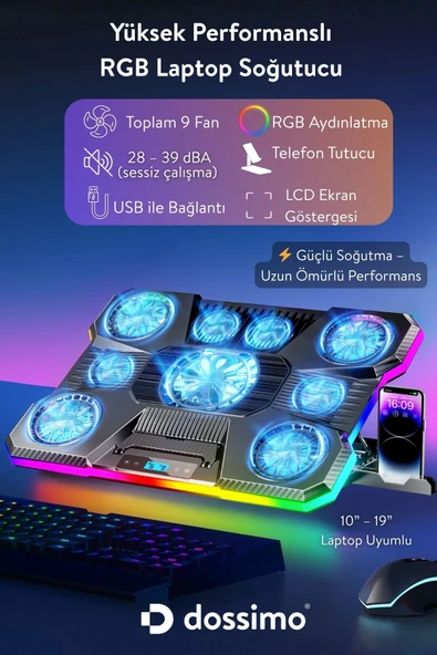 Dossimo Nitro RGB Işıklı 9 Fanlı LCD Göstergeli 2 Usb Girişli Yükselebilen Notebook Soğutucu S24 ürün görseli 1