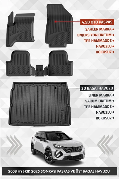 Peugeot 2008 HYBRID 2025 ve Sonrası Uyumlu 4.5D Premium Havuzlu Oto Paspas ve Liner ÜST Bagaj Havuzu ürün görseli 1