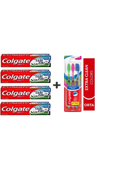 Colgate Diş Macunu Üçlü Etki 100 ml x 4 Adet + Extra Clean Colors Diş Fırçası 3lü ürün görseli 1