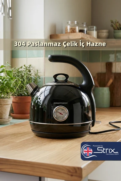 Premier PRK 1215C Retro Tasarımlı Analog Göstergeli Paslanmaz Çelik Hazneli Su Isıtıcısı Cool Touch Kettle - Siyah ürün görseli 1