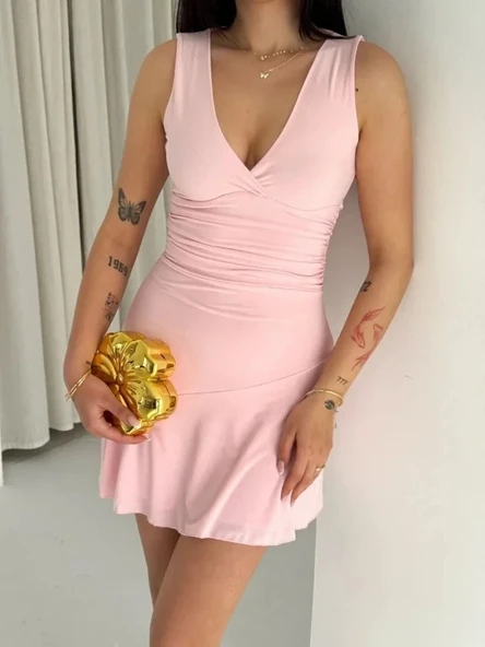 Derin V Yaka Sırt Dekolteli Mini Elbise Drapeli Şık Kolsuz - Pembe ürün görseli 1