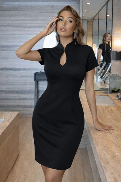 Kadın Kısa Kollu Damla Yaka Detaylı Yakası Bağcık Detaylı Kısa Ithal Krep Elbise ürün görseli 1