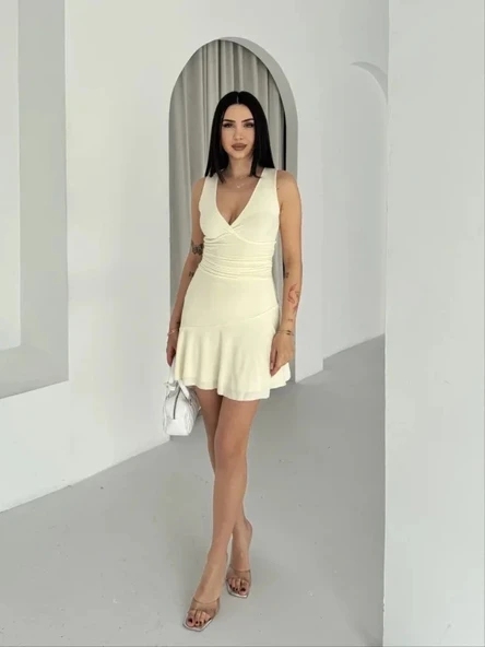 Derin V Yaka Sırt Dekolteli Mini Elbise Drapeli Şık Kolsuz - Açık Sarı ürün görseli 1