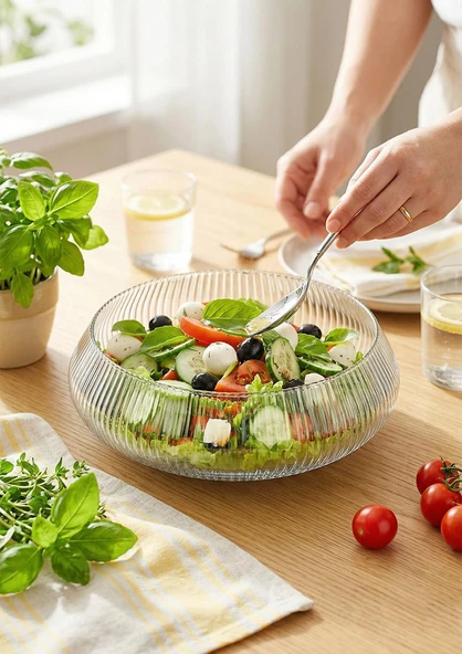 Büyük Boy Cam Salata Kasesi - Çizgili Salata Tabağı 30 CM ürün görseli 1