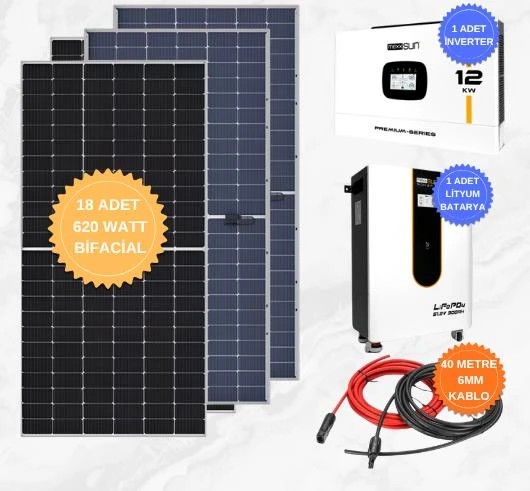 MEXXSUN 12kW Premium 48V Solar Paket Sistem | 51,2V 300Ah LiFePO4 Lityum Akü + ALFA 620W Bifacial Güneş Paneli + 6mm Kablo + Nakliye ürün görseli 1