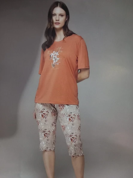 Kadın Büyük Beden Kısa Kollu Pijama Takımı Turuncu 2438 ürün görseli 1