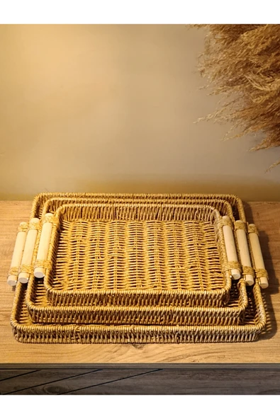 Hasır Rattan Sunum Tepsi 3'lü Organizer Bambu Kulplu Dikdörtgen ürün görseli 1