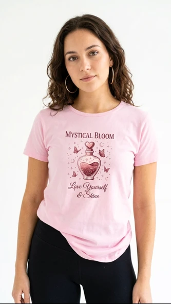 Kadın Açık Pembe 'Mystical Bloom' İksir ve Kelebek Baskılı Bisiklet Yaka Kısa Kollu Tişört ürün görseli 1