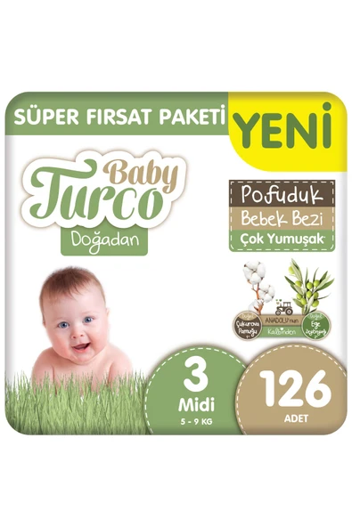 Baby Turco Doğadan Süper Fırsat Paketi Pofuduk Bebek Bezi 3 Numara Midi 126 Adet ürün görseli 1