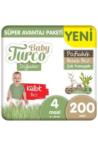Baby Turco Doğadan Süper Avantaj Paketi Pofuduk Külot Bez 4 Numara Maxi 200 Adet ürün görseli 1
