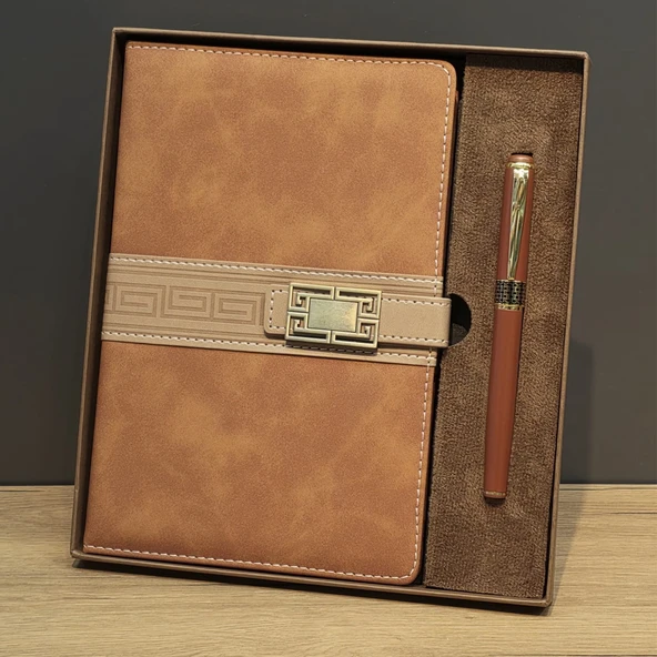 Taba Rengi Termo Deri Defter Ve Metal Roller Kalem Seti ürün görseli 1