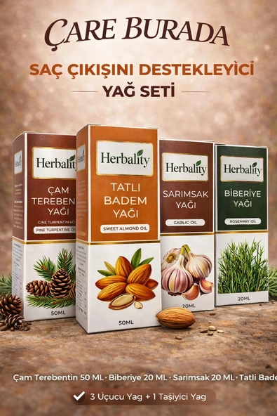 Saç Çıkışını Destekleyici Yağ Seti (Sarımsak Yağı & Biberiye Yağı & Çam Terebentin Yağı & Tatlı Badem Yağı) ürün görseli 1