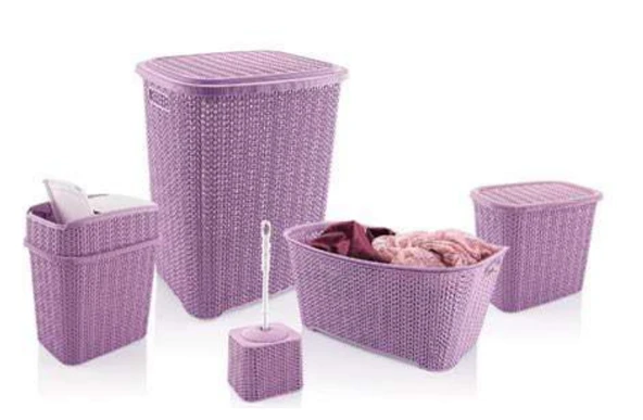 5 Parça Örgü Desenli Plastik Banyo Seti Çamaşır Sepeti Deterjanlık Çöp Kovası Klozet Fırçası - Mor ürün görseli 1