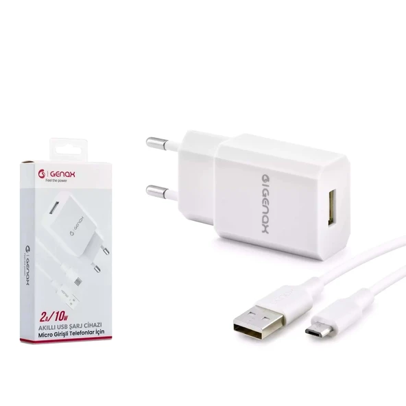 GENAX GNX001 MICRO USB - USB ŞARJ ADAPTÖRÜ SET 2A 10W BEYAZ ürün görseli 1