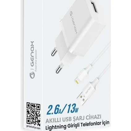 Genax GNX004 Lightning - USB Şarj Adaptörü Set 2.6A 13W Beyaz ürün görseli 1