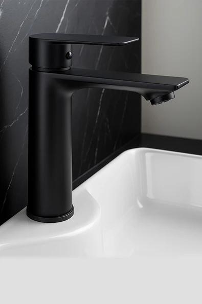 Lüks Siyah Sabit Aç Kapa Kısa Lavabo Bataryası Su Tasarruflu, Dayanıklı, Modern Tasarım ürün görseli 1