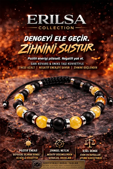 Sertifikalı Oniks Sarı Kuvars Bileklik - 8 mm Doğal Taş Terahertz Aparatlı Unisex El Yapımı ürün görseli 1