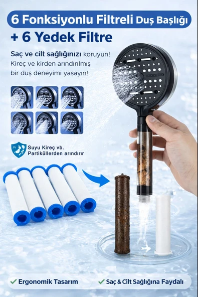 PureFlow Filtreli Duş Başlığı  6 Adet Yedek Filtre Kireç Önleyici  Su Arıtıcı  6 Fonksiyonlu ürün görseli 1