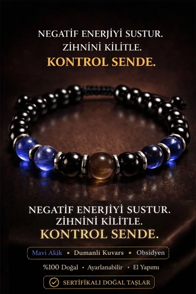 Sertifikalı Mavi Akik Dumanlı Kuvars Obsidyen Bileklik 8 mm Terahertz Aparatlı Unisex ürün görseli 1
