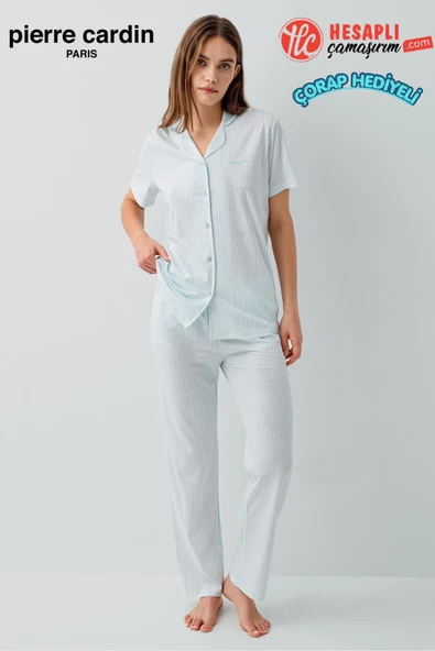 Pierre Cardin Paris Premium Kadın Modal Pamuklu Rahat Önden Düğmeli Kısa Kollu Kutulu Pijama Takım ürün görseli 1