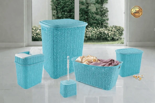 5 Parça Örgü Desenli Plastik Banyo Seti Çamaşır Sepeti Deterjanlık Çöp Kovası Klozet Fırçası - Mavi ürün görseli 1