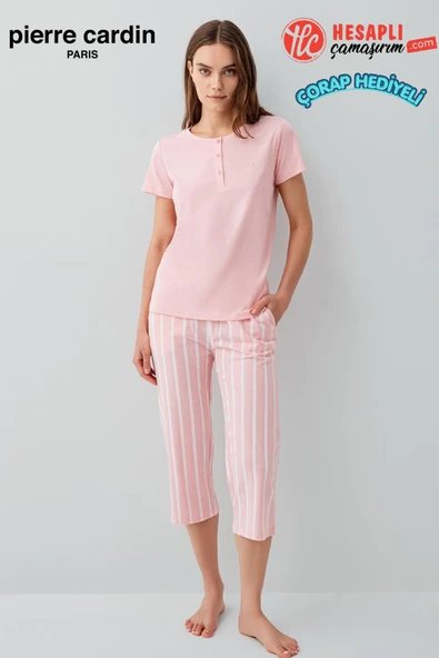 Pierre Cardin Paris Premium Kadın Modal Pamuklu Rahat Kalıp Çizgili Kapri Kısa Kol Pijama Takım ürün görseli 1