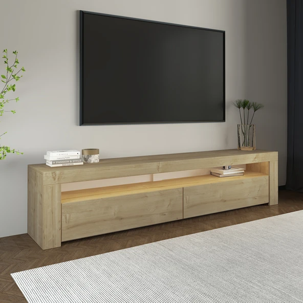 Batı LED Işıklı 2 Kapaklı TV Sehpası – 150 cm – Minimal Tasarım  Safir Meşe ürün görseli 1